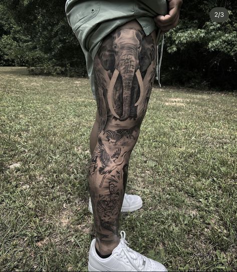 Man Leg Sleeve Tattoo, Full Leg Animal Tattoo, Guys Leg Tattoos Sleeve, Leg Sleeves Tattoos Men, Leg Sleeve Animals, Animal Themed Leg Sleeve, Animal Leg Tattoo Men, Africa Sleeve Tattoo, Black And Grey Leg Tattoos For Men