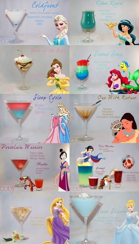 Funny Cocktail Recipes, Princess Cocktails, Disney Princess Cocktails, Disney Alcoholic Drinks, Disney Cocktails, Disney Drinks, Alcholic Drinks, Disney Movie Night, Sweet 17