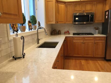 Clarino Quartz Countertops, Clarino Quartz, Small Gallery Kitchen, Silver Cloud Granite Countertops, Leathered Granite Countertops, Inset Cabinetry, Hickory Cabinets, White Granite Countertops, Leather Granite