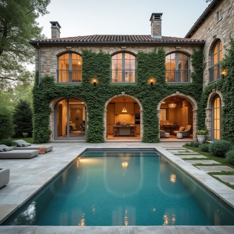 dream house with large windows, arches, high ceilings, lots of natural light, french style, STONE EXTERIOR, IVY GROWING ON WALLS, pool House With Arches Outside, House With Arches, House With Large Windows, Windows Modern, Stone Exterior, Floor To Ceiling, Exterior Stone, High Ceilings, Floor To Ceiling Windows