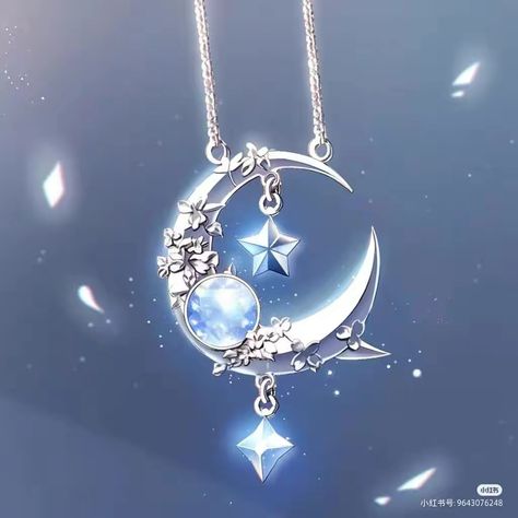 Ice Necklace Fantasy Art, Blue Moon Jewelry, Necklace Moon And Star, Magical Jewelry Pendants, Fantasy Necklace Concept Art, Fantasy Jewelry Magic, Anime Necklace, Fantasy Necklace, Pretty Jewelry Necklaces