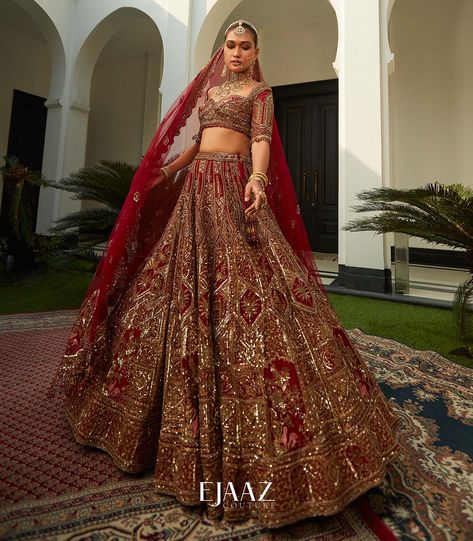 Ruby Red & Gold Lehenga Set – Ejaaz Couture Ejaazcouture Lehenga, Ejaaz Couture, Scotland Fall, Palazzos Pants, Red Gold Wedding, Indian Dress Wedding, Heavy Lehenga, Kurta Lehenga, Gold Lehenga