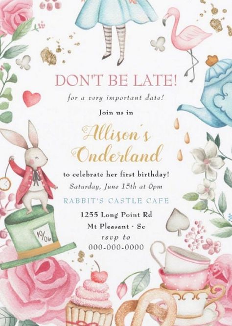 Magical Kids Invitation Templates for Birthdays Tea Party 1st Birthday, Kids Invitation, Baby First Birthday Themes, Birthday Party Girl, Alice In Wonderland Tea Party Birthday, 1st Birthday Girl Decorations, Onederland Birthday Party, 1st Birthday Party For Girls, Baby Birthday Themes