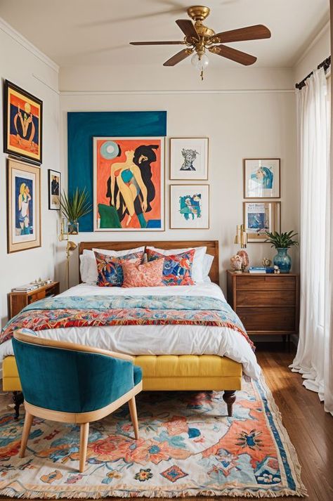 The image showcases a bedroom with an eclectic design style. The bed is the focal point of the room, featuring a colorful comforter and pillows. The room also contains a chair, a dresser, and several potted plants, adding to the eclectic feel. The walls are painted blue, and there are multiple pictures hanging on the wall, further enhancing the room's unique ...#Your #Charm #HomeStyle #Apartment #Eclectic #InteriorInspo #Eclectic #an #Transforming #Kitchens #Oasis #into #Embracing #DecorTips Scandi Eclectic Decor, Bright Retro Bedroom, Eclectic Blue Bedroom, Colorful Guest Room, Colorful Minimalist Bedroom, Apartment Eclectic, Colorful Eclectic Bedroom, Eclectic Bedroom Ideas, Eclectic Design Style