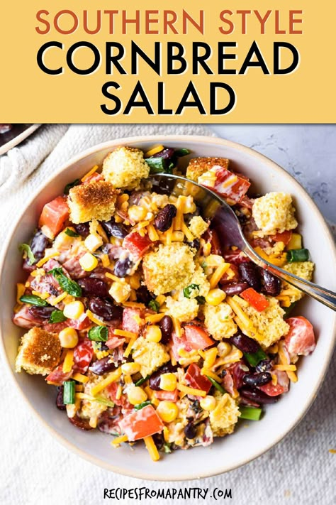 Southwest Cornbread Salad, Layered Cornbread Salad Recipe, Cornbread Salad With Ranch Dressing, Southern Cornbread Salad Paula Deen, Southern Living Cornbread Salad, Chili Cornbread Salad Taste Of Home, Cornbread Salad Southern, Southern Salads Deep South Dish, Tailgate Pasta Salad Recipes