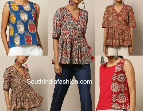 Versatile Kalamkari print cotton tops that can be paired with jeans, palazzos, dhoti pants and skirts. kalamkari tops online Ikat Short Kurti, Short Kurta Designs Women With Jeans, Simple Cotton Tops For Jeans, Jeans Kurti Style Tunic Tops, Ethnic Tops For Jeans, Kalamkari Kurti Designs Latest, Ajrakh Tops, Short Kurtis For Jeans Cotton, Cotton Top Design