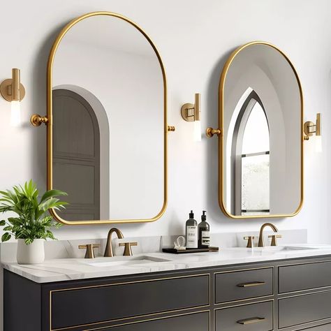 Neutypechic Metal Frame Arch Mirror Pivot Bathroom Vanity Mirror Set Of 2 - 36"x24", Gold : Target Bathroom Mirror With Sconces, Bathroom Vanity Mirror Ideas, Gold Mirror Bathroom, Brass Bathroom Mirror, Arch Mirror Bathroom, Master Bath Mirror, Pivot Mirror, Wall Mirrors Set, Double Mirror