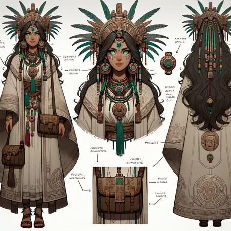 Ixchel is depicted in traditional Mesoamerican attire, with flowing robes adorned with symbols and glyphs. A decorative, feathered headpiece rests on her head. There are subtle elements in her attire hinting at her covert affiliation with the order. Her eyes are sharp and glowing green with the knowledge, giving her a glimpse of how Nawi perceives the world and reality around them understanding things at a deeper level for a time and understanding the responsibility of having such knowledge. Aztec Women Clothing, Ancient Aztec Clothing, Aztec Fashion Ancient, Ancient South America, Mesoamerican Fantasy Art, Traditional Mayan Clothing, Mesoamerican Clothes, Aztec Traditional Clothing, Mayan Character Design