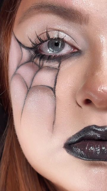 Poland, Warsaw on Instagram: "Glitter spider web makeup tutorial🕷️🕸️✨ #spiderwebmakeup #spidermakeup #halloweenmakeup #artmakeup #creativemakeup" Halloween Spider Face Makeup, Halloween Makeup Looks Spider Web, Web Makeup Halloween, Simple Spiderweb Makeup, Simple Halloween Makeup Spider, Spiderweb Makeup Looks, Black Widow Spider Makeup, Spider Makeup Looks Easy, Spider Web Face Makeup