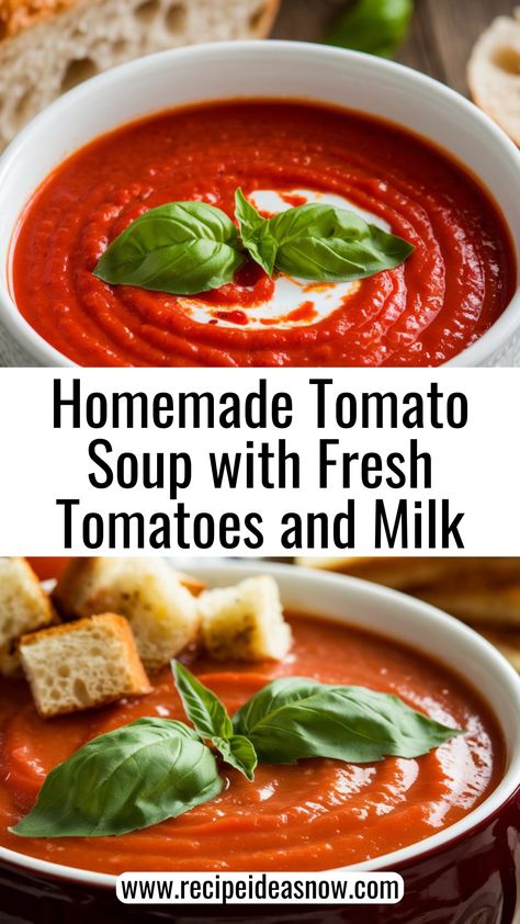 Easy Homemade Tomato Soup with Fresh Tomatoes and Milk. Warm up with this comforting and easy homemade tomato soup made from fresh tomatoes and milk! This creamy and flavorful recipe is perfect for cozy dinners, using simple ingredients to create a deliciously rich soup in no time. Great as a quick lunch or paired with grilled cheese, this tomato soup is a family favorite. Try this fresh and wholesome recipe today! Tomatoe Soup Homemade Fresh Tomatoes, Tomato Soup With Tomato Sauce, Homemade Tomato Soup With Fresh Tomatoes, Tomato Soup With Fresh Tomatoes, Easy Homemade Tomato Soup, Tomato Soup From Scratch, Using Fresh Tomatoes, Easy Tomato Soup Recipe, Fresh Tomato Soup