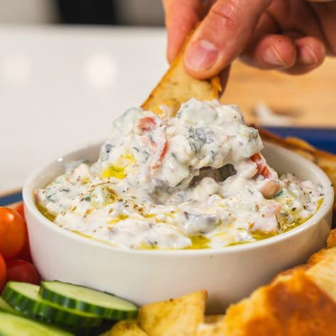 Salad Dip Recipe, Gina Livy, Classic Greek Salad, East Coast Kitchen, Gluten Free Party Food, Cheese Sauces, Greek Dip, Coast Kitchen, Salad Dip