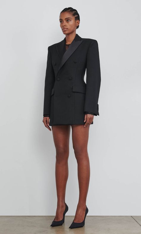 Hourglass Blazer Outfit, Blazer And Mini Skirt Outfits, Lawyer Dresses, Players Ball, Dresses With Black Tights, Double Breasted Blazer Dress, Blazer Dress Outfits, Black Blazer Dress, Dress Wardrobe