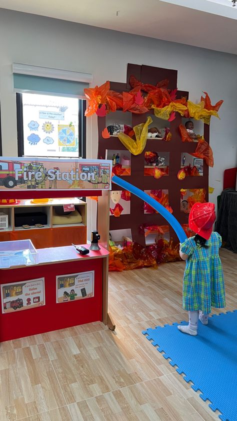 Dramatic Play Occupation, Pretend Play Kindergarten, Preschool Community Helpers Theme Dramatic Play Centers, Fire Sensory Bin Preschool, Occupations Dramatic Play, Firefighter Classroom Theme, Pretend Play Activities For Preschoolers, Fire Truck Dramatic Play, Fire Station Play Area