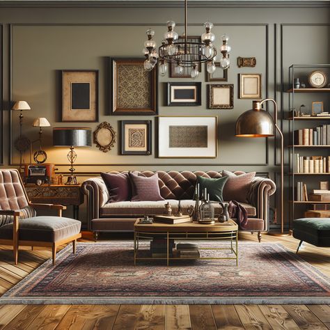 The room should feature a mix of classic and modern elements. The walls can be muted in color, accented with antique picture frames. The furniture should include a modest-sized velvet sofa situated near a mid-century coffee table. One corner of the room can feature an industrial-style floor lamp next to a bookshelf filled with well-curated vintage books. Wooden accents should be abundant across the room, with preferably a large, ornate area rug spread out on a polished wooden floor. Chestfield Sofa Living Rooms, Chesterfield Sofa Living Room Ideas, Grey Chesterfield Sofa, Chesterfield Sofa Living Room, Sofa Living Room Ideas, Vintage Chesterfield Sofa, Velvet Chesterfield Sofa, Ornate Frames, Classic Lighting