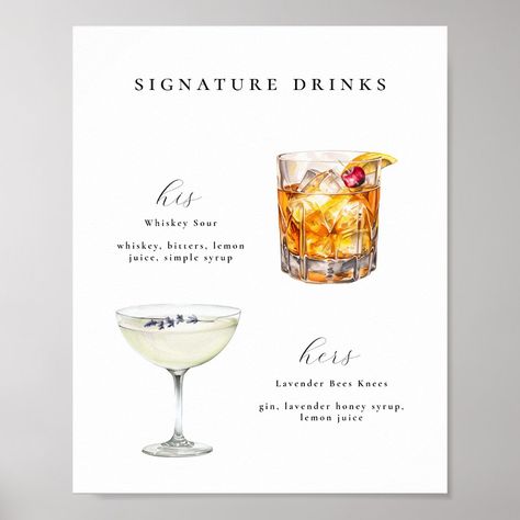 Signature Drinks Wedding Cocktails Bar Poster Sign. Features, Whiskey Sour and Lavender Cocktails. Rustic Wedding Signature Cocktail, Signature Drink Signage, His And Hers Cocktails Wedding, Wedding Specialty Cocktails, Wedding Cocktails Signature, Wedding Drinks Cocktails, Wedding Additions, Lavender Cocktails, Wedding Drink Ideas