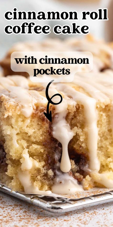 Make an easy coffee cake for breakfast that tastes just like a soft sweet roll! This Cinnamon Roll Coffee Cake has a cinnamon sugar swirl and is topped with cream glaze. Cinnamon Dessert Recipes, Cinnamon Roll Coffee Cake, Cinnamon Roll Coffee, Cinnamon Swirl Coffee Cake, Cinnamon Roll Desserts, Easy Coffee Cake, Cinnamon Swirl Cake, Cinnamon Desserts, Breakfast Cake Recipes