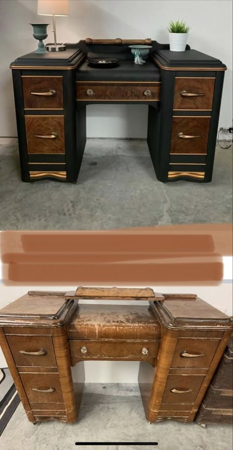 Aztec Diy Projects, Renovated Antique Furniture, Goodwill Furniture Upcycle, Antique Night Stand Makeover, Flipping Mid Century Furniture, Unique Furniture Upcycle, Furniture Makeover Tutorial, Antique Flip Ideas, Rounded Dresser Makeover