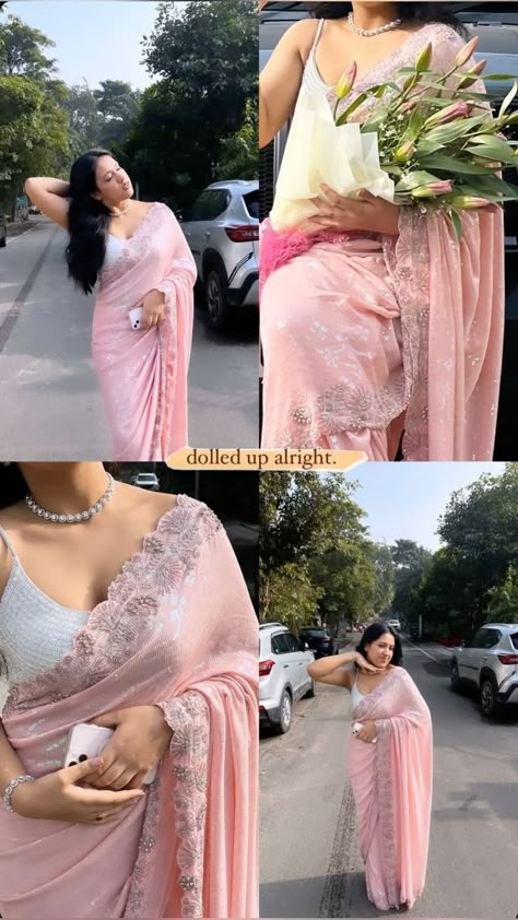 Poses In Saare Aesthetic, Farwell Idea Dress Saree, Saare Pose Ideas, Ethnic Day Outfits College Saree, Pose In Traditional Wear, Saare Poses Aesthetic, College Farewell Saree Ideas, Pink Saree Aesthetic, Saree Instagram Story