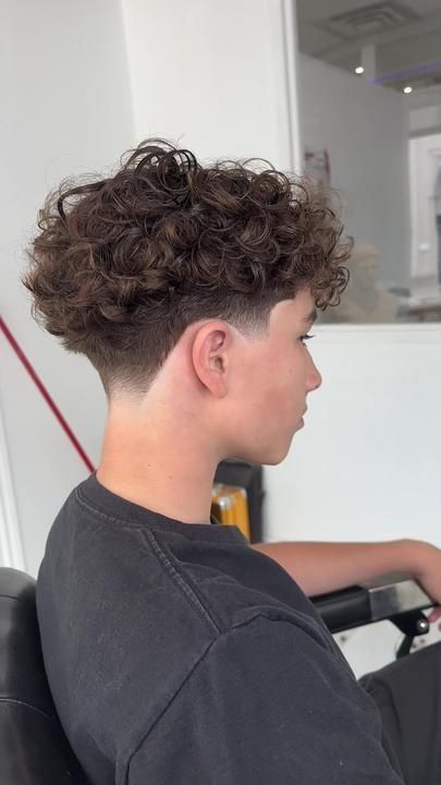 Curly Hair Male Haircut, Wavy Taper Fade, Male Perm Hairstyles, Perm Haircut Men, Perm Fade, Boys Perm, Fade With Long Hair On Top, Wavy Perm Men, Haircuts For Kids Boys