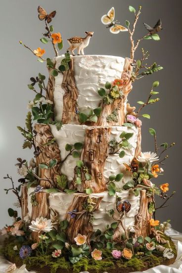 Nature Wedding Cake, Wedding Cake Nature, Wedding Cake Forest, Woodland Wedding Cake, Nature Cake, Lotr Wedding, Cake Themes, Geometric Cake, Nature Themed Wedding