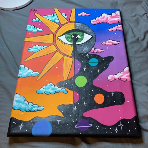 Trippy Sun And Moon Painting, Simple Trippy Canvas Paintings, Easy Spiritual Paintings For Beginners, Bright Drawings Ideas, Felt Tip Art Pens Drawing, Shroom Painting Ideas Creative, Things To Draw While High, What To Paint On A Black Canvas Trippy, Half Painting Ideas