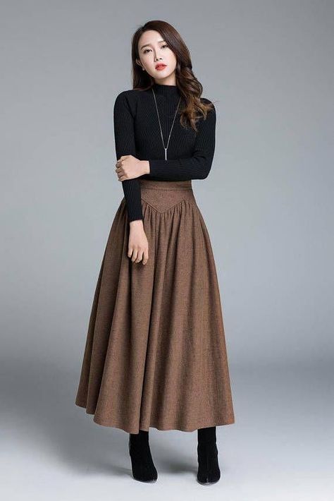 f670ef5d2d6bdf8f29450a970494dd64desc43335775ri Winter Wool Skirt, Wool Skirt Outfit, Brown Skirt Outfit, Long Wool Skirt, Skirt Winter, Brown Skirt, High Waist Skirt, Brown Skirts, Wool Skirt