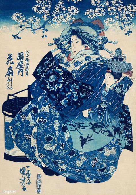 Ogiya uchi Hanaogi by Utagawa Kuniyoshi (1753-1806), translated The Courtesan Hanao of Ogi-ya, a traditional Japanese ukiyo-e style illustration of a well-dressed courtesan woman with elaborate hair ornaments sitting with an attendant. Original from Library of Congress. Digitally enhanced by rawpixel. | free image by rawpixel.com Flamingo Illustration, Utagawa Kuniyoshi, Ohara Koson, Japanese Art Prints, Japanese Wall Art, Camille Pissarro, Paul Klee, Illustration Vintage, Art Japonais