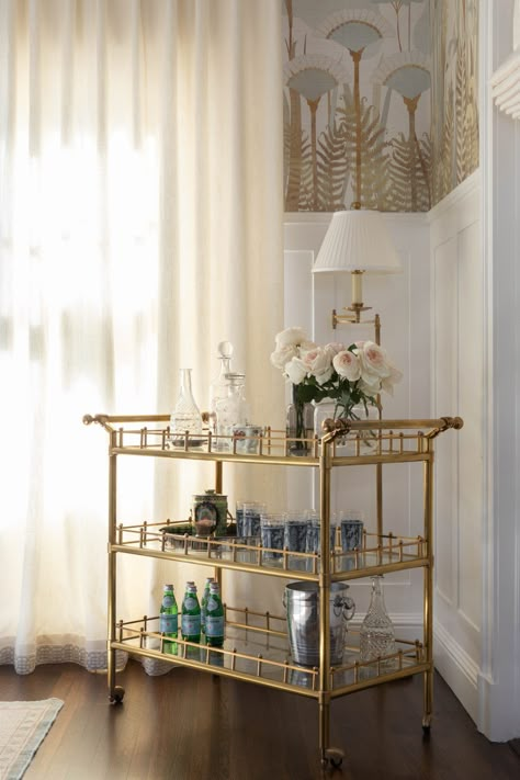 These Bar Cart Ideas Will Make You Wish It Were Five O'Clock Manly Bar Cart Styling, Bar Cart Lamp, Elegant Bar Cart Styling, French Country Bar Cart, Grand Millennial Bar Cart, Rustic Bar Cart Ideas, Bar Cart With Lamp, Luxury Bar Cart, Tea Bar In Bedroom