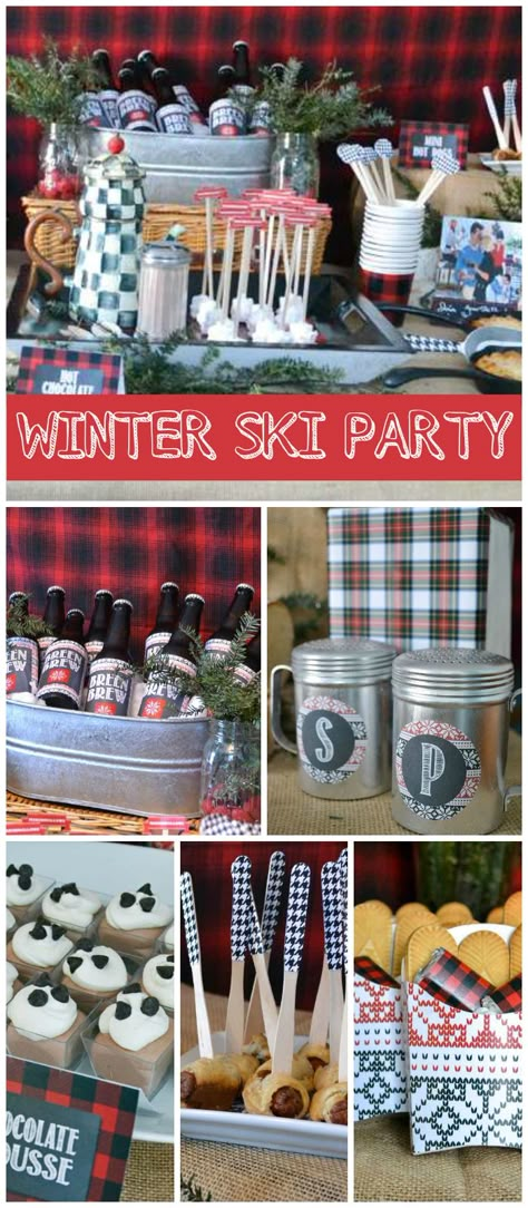 A New England apres-ski buffet with chili, macaroni and cheese, a hot chocolate bar and s’mores favors! See more party planning ideas at CatchMyParty.com! Ski Party Food Ideas, Apres Ski Party Food, Ski Party Food, Apres Ski Party Decoration, Ski Decorations, Ski Lodge Party, Ski Ideas, Flannel Party, Schnee Party