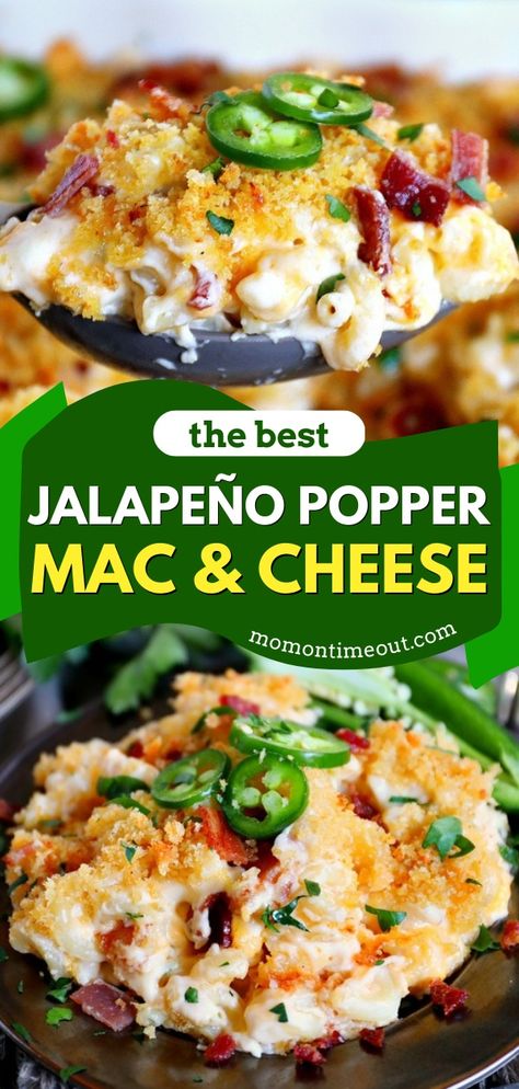 A homemade dinner recipe featuring macaroni and cheese! It will become one of your go-to comfort food! Creamy, cheesy, and loaded with bacon and jalapeños, this baked Jalapeño Popper Mac and Cheese is the BEST! Jalepeno Popper Mac And Cheese Recipe, Loaded Potato Mac And Cheese, Loaded Baked Potato Mac & Cheese, Jalepeno Bacon Macaroni And Cheese, Jalapeños Mac And Cheese, Mac And Cheese Recipe Jalapeno, Pepper Jack Mac And Cheese Crock Pot, Dessert Mac And Cheese, White Cheddar Jalapeno Mac And Cheese