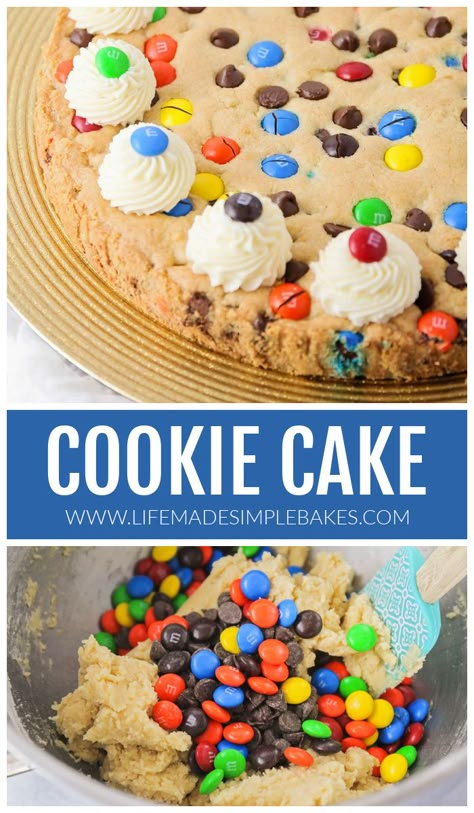 This giant chocolate chip and M&M cookie cake is soft and chewy with a crunchy buttery crust. It is perfect for celebrations! #cookiecake #cookie #cake #dessert #birthdaycake Giant Cookie Cake Recipe, Side Dishes Simple, Celebrations Chocolate, Giant Cookie Cake, Strawberry Caramel, Blueberry Pies, Lemon Banana, Life Made Simple, Ice Cream Birthday Cake