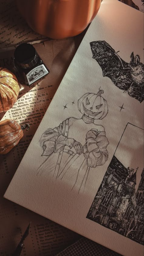 Spooky Line Drawing, Bat Ink Drawing, Halloween Sketches Aesthetic, Autumn Sketchbook Ideas, Halloween Sketchbook Ideas, Autumn Drawing Aesthetic, Halloween Drawings Aesthetic, October Drawing Ideas, Drawing Ideas Autumn