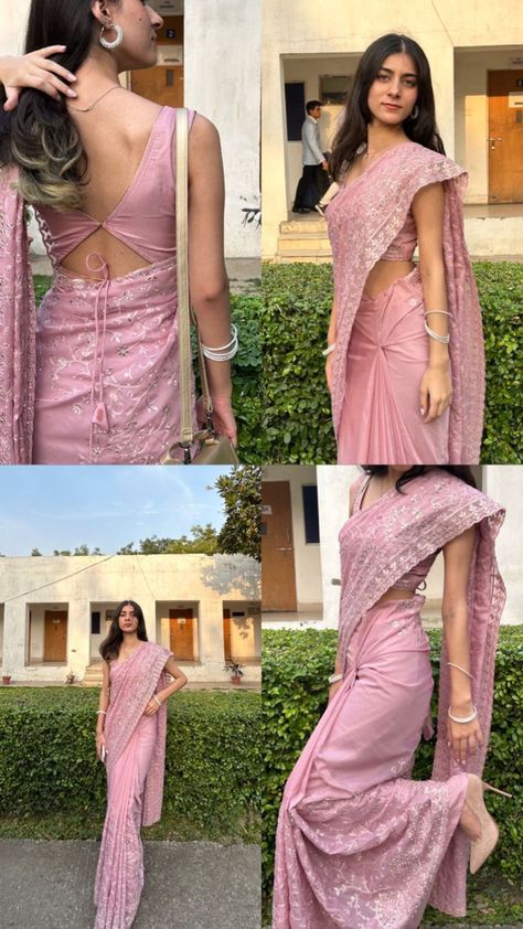 Silk Saare Blouse Ideas, Heels For Saree For Women, Ferwell Saree Look, Saari Designs Latest Farewell, Farewell Inspo Saree, Blouse Designs For Girls Saree, Freshers Party Outfit College Indian Saree, Farewell Saree Inspo Aesthetic, Farewell Sarees Colleges Latest