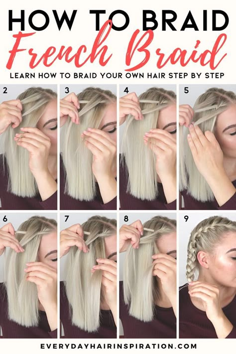 French Braid Your Own Hair, French Braid Short Hair, How To French Braid, Braid Your Own Hair, Braid Your Hair, French Braids Tutorial, Braids Step By Step, Dutch Braid Hairstyles, Braiding Your Own Hair