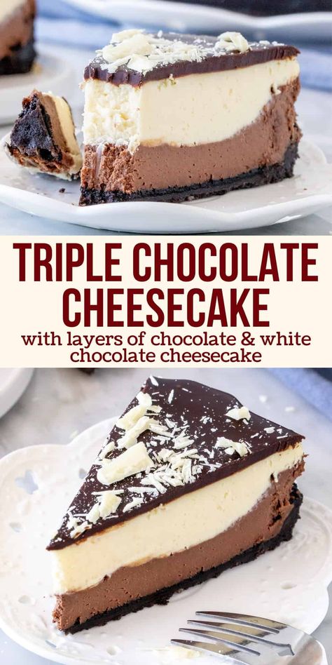 This layered chocolate cheesecake is extra decadent with a thick Oreo cookie crust, a layer of chocolate cheesecake and a layer of white chocolate cheesecake. The layers make it look  impressive, and you truly get the best of both worlds when it comes to chocolate. #chocolate #cheesecake #layered #whitechocolate #oreocrust #cookiecrust #best #recipe #triplechocolate from Just So Tasty Black And White Cheesecake, Cheesecake Recipes White Chocolate, Chocolate Layer Cheesecake, Layered Chocolate Cheesecake, Cheesecake Factory Chocolate Tower Truffle Cake Recipe, Cheesecake Layered Cake, Cheesecake Recipes Easy Chocolate, Cheesecake Recipes With Chocolate, Happy Birthday Cheesecake