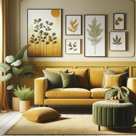 Olive Green Living Room Color Scheme, Olive Green Living Room, Bedroom Interior Colour, Olive Living Rooms, Mustard Living Rooms, Yellow And Olive Green, Renovations On A Budget, Mustard Yellow Decor, Living Room Wall Units