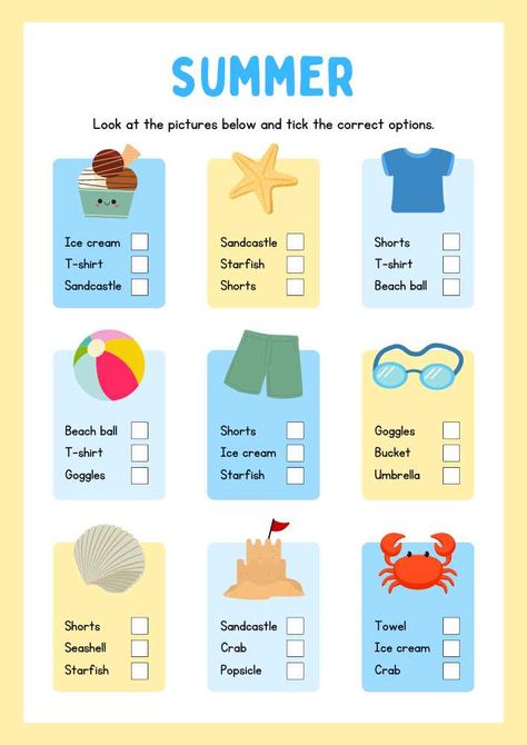 Summer Vocabulary Worksheet Summer Vocabulary For Kids, Summer Holidays Worksheet, Vocabulary Games For Kids, Summer Vocabulary, Summer Worksheets, Holiday Worksheets, English Summer, Learning English For Kids, Vocabulary Games