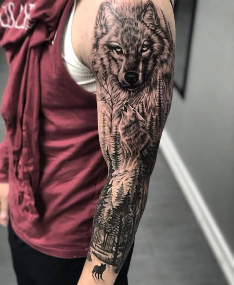 Wolf Tattoo Forearm, Natur Tattoo Arm, Wolf Sleeve, Wolf Tattoos Men, Tattoo Wolf, Animal Sleeve Tattoo, Nature Tattoo Sleeve, Wolf Tattoo Sleeve, Men Tattoos Arm Sleeve