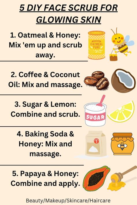 #affiliate 5 Diy Face Scrub for Glowing Skin in 2024 How To Make A Facial Scrub Homemade, Homemade Remedies For Glowing Skin, Facial Glow Up Tips, Homemade Skin Care Recipes Diy, Forehead Pimples, Diy Foot Scrub Recipes, Skincare Routine For Beginners, Homemade Makeup Remover, Face Scrub Recipe