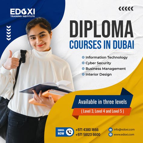 Acquire skills that would make you job-ready with Diploma Courses in Dubai. Get a step closer to the Bachelor's Degree of your choice with Edoxi Training Institute's Diploma Courses. Edoxi offers Diploma courses in IT, Cyber Security, Business Management and Interior Design. The courses are available in three levels- Level 3, Level 4 and Level 5. Enrol now! #Diploma #edoxi #dubai #DiplomaCourses Visa Poster Design, Australia Visa, O Levels, Diploma Courses, Bachelor's Degree, Bachelors Degree, Udemy Courses, Graphic Design Inspo, Level 5