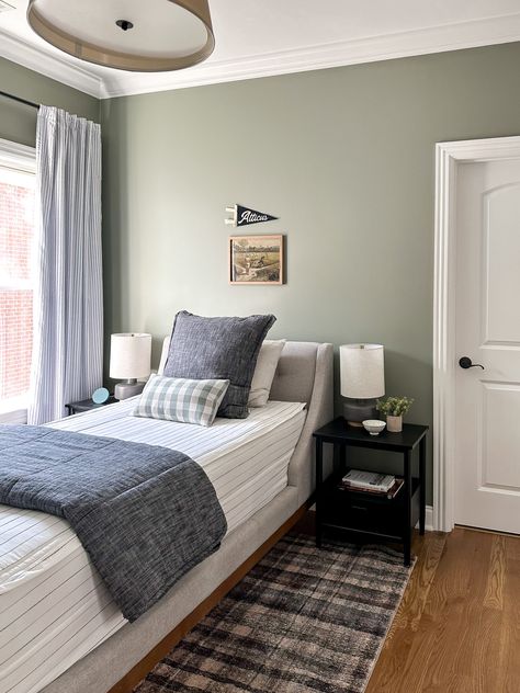 Boys Bedroom Makeover Green Walls Boys Bedroom, Boys Room Green Accent Wall, Toddler Boy Paint Room Ideas, Toddler Boy Room Paint Colors, Boys Room Color Palette, Boy Bedroom Colors, Boy Bedroom Paint Colors, Sage Green Boys Room, Paint Boys Room