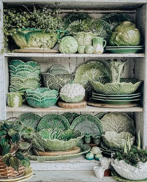 Cutlery Aesthetic, Bookshelves Decorating, Displaying Dishes, Green Cutlery, Dishes Display, Cabbage Plates, Cabbage Ware, 1970s House, Repurposed Decor