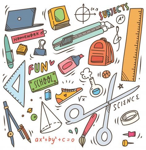 Doodle School Supplies, School Stuff Drawing, Back To School Drawing Ideas, School Related Drawings, Cute Math Doodles, School Supplies Wallpaper, Back To School Drawings, School Supplies Background, School Supplies Stickers