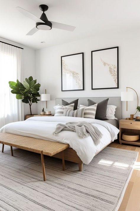 Contemporary Room Bedroom, Minimalist Bedroom For Couples, Ikea Master Bedrooms Decor, Black White Wood Bedroom, Bedroom Farmhouse Modern, Rug Size For King Bed, Neutral Bedroom Decor, Modern Minimalist Bedroom, Casa Country