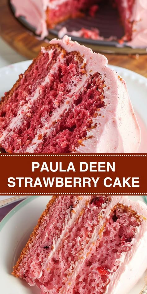 Discover the ultimate Strawberry Cake recipe inspired by Paula Deen! This moist and flavorful cake features layers infused with strawberry goodness and topped with a creamy strawberry frosting. Perfect for birthdays, parties, or any sweet celebration. Paula Deen's Strawberry Cake, Strawberry Cake Pioneer Woman, 2 Layer Strawberry Cake, Southern Strawberry Cake, Old Fashion Strawberry Cake, Paula Deen Strawberry Cake Recipe, Paula Dean Desserts, Pioneer Woman Strawberry Cake, Paula Deen Cake Recipes