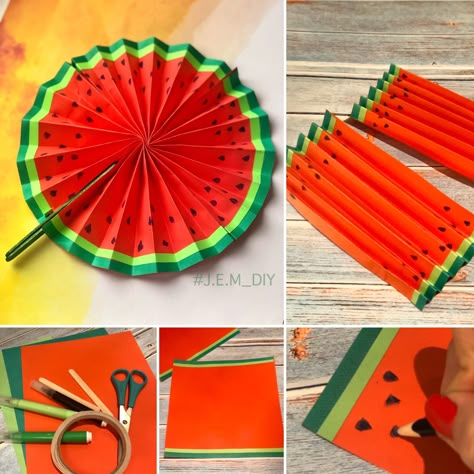 Watermelon Fan, Summer School Art, Craft Ideas For Beginners, Hungry Caterpillar Craft, Diy Summer Decor, Diy With Kids, Aesthetic Paper, Caterpillar Craft, Kraf Kertas