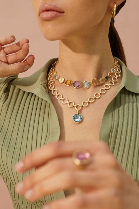 18K yellow gold flat link collar, embellished with our small stackable pendant in Sky-Blue topaz. Marco Bicego Necklace, Marco Bicego Jewelry, New Zealand Jewellery, Gold Gemstone Necklace, Yellow Quartz, Marco Bicego, 18k Gold Jewelry, Necklace Online, Green Tourmaline