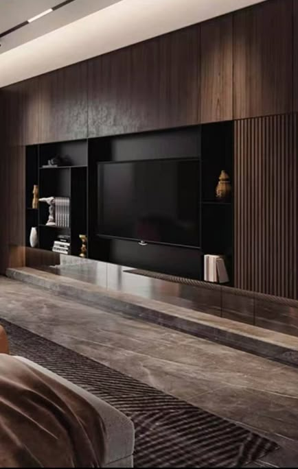 Dark Tv Cabinet, Modern Tv Room, Walnut Wall, Feature Wall Living Room, Living Room Tv Unit Designs, Tv Room Design, Living Room Tv Unit, Tv Wall Design, Tv Units