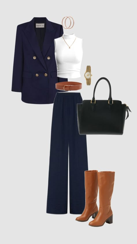 #navyblue #cognac #oldmoney #elegant #classy #outfit #fashion #aesthetic Classy Navy Outfits, Navy Heels Outfit, Navy Blue Outfit Ideas Classy, Navy Blue Casual Outfit, Outfit Bleu Marine, Navy Blue And Grey Outfit, Navy Blue And Brown Outfit, Navy Blue And White Outfits, Blue Aesthetic Outfits