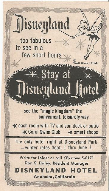 Disneyland Hotel Anaheim, Hotel Advertisement, Vintage Disney Posters, Hotel Ads, Disney Rooms, Retro Disney, Sunset Magazine, Disneyland Hotel, Disney Posters